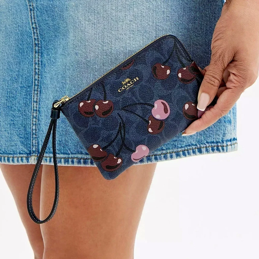 🍒NWT COACH Corner Zip Wristlet Blue Signature Canvas Cherry Print AUTHENTIC